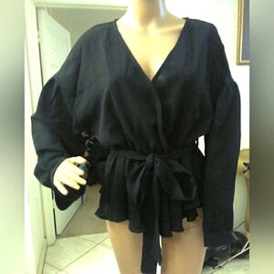 NWT REMIDOO  Black BLOUSE W/ BELT SZ. XL BIG SLVS. RUFFLY BOTTOM